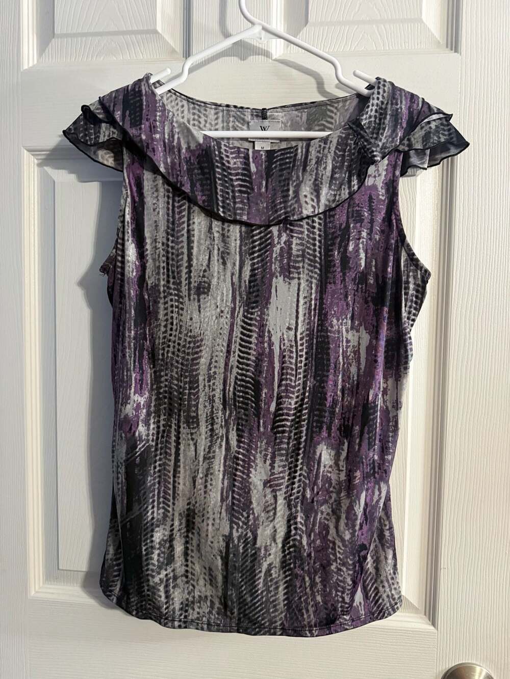 Womens Medium Purple Black Abstract Print Ruffle Sleeveless Blouse Top Medium